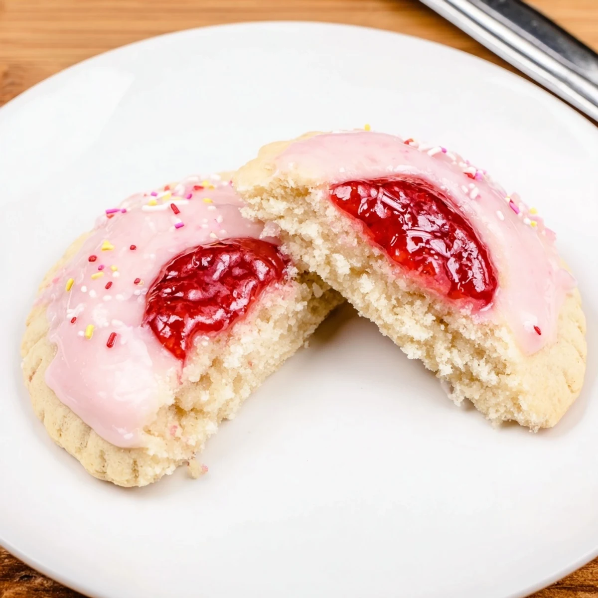 Fresh-baked Strawberry Pop Tart Cookies cooling on a wire rack, jam oozing