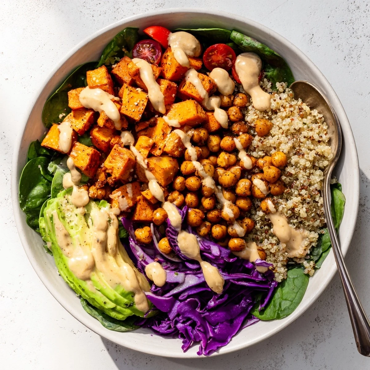 Golden roasted sweet potato bowl drizzled with creamy tahini dressing and colorful veggies