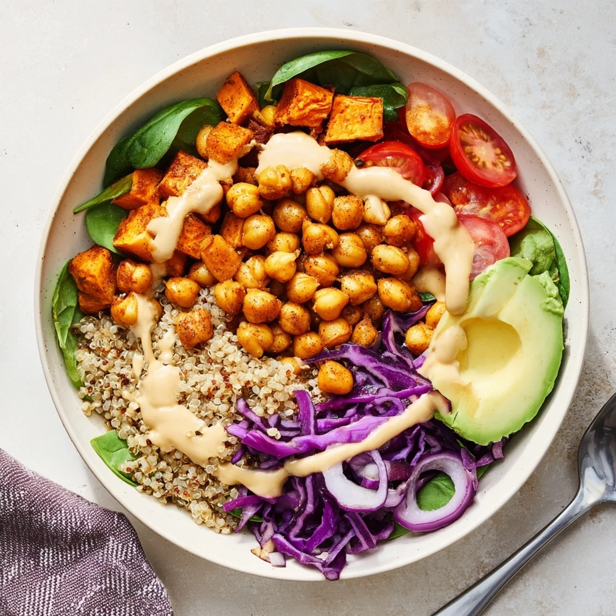 Sweet potato bowl topped with avocado slices chickpeas and vibrant fresh vegetables