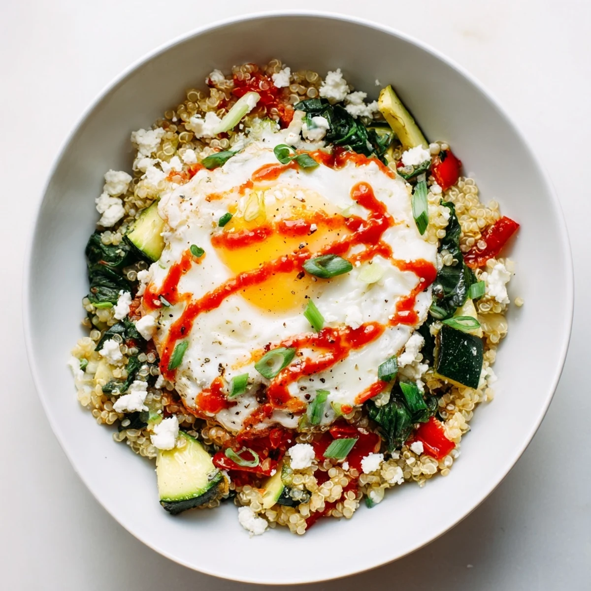 Fluffy quinoa breakfast bowl loaded with colorful bell peppers, spinach, and herbs