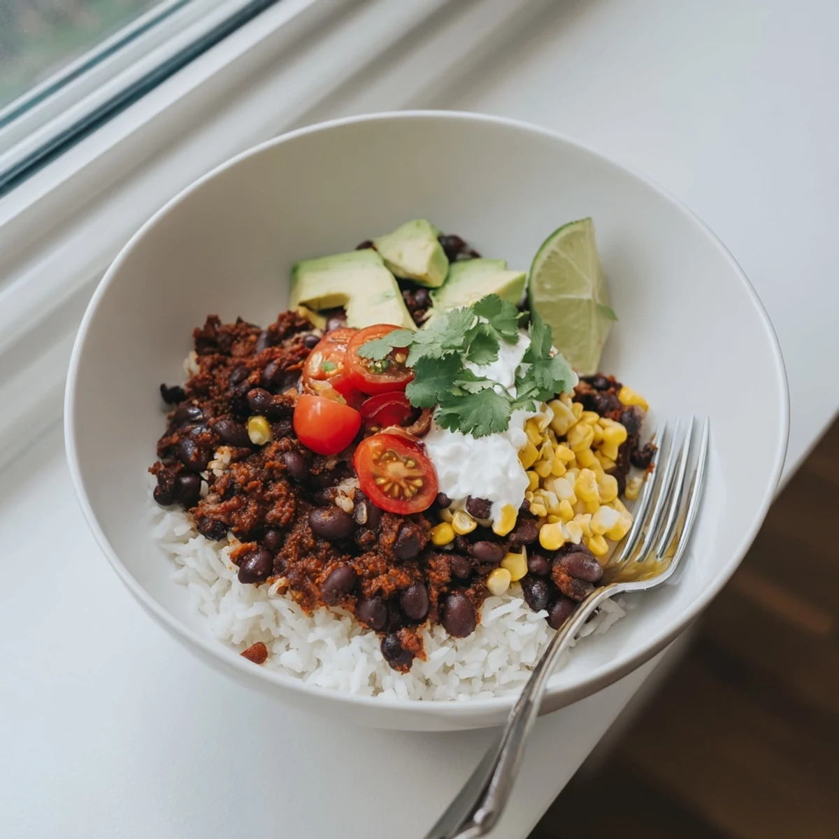 Hearty black bean and rice bowl topped with fresh avocado and lime wedges