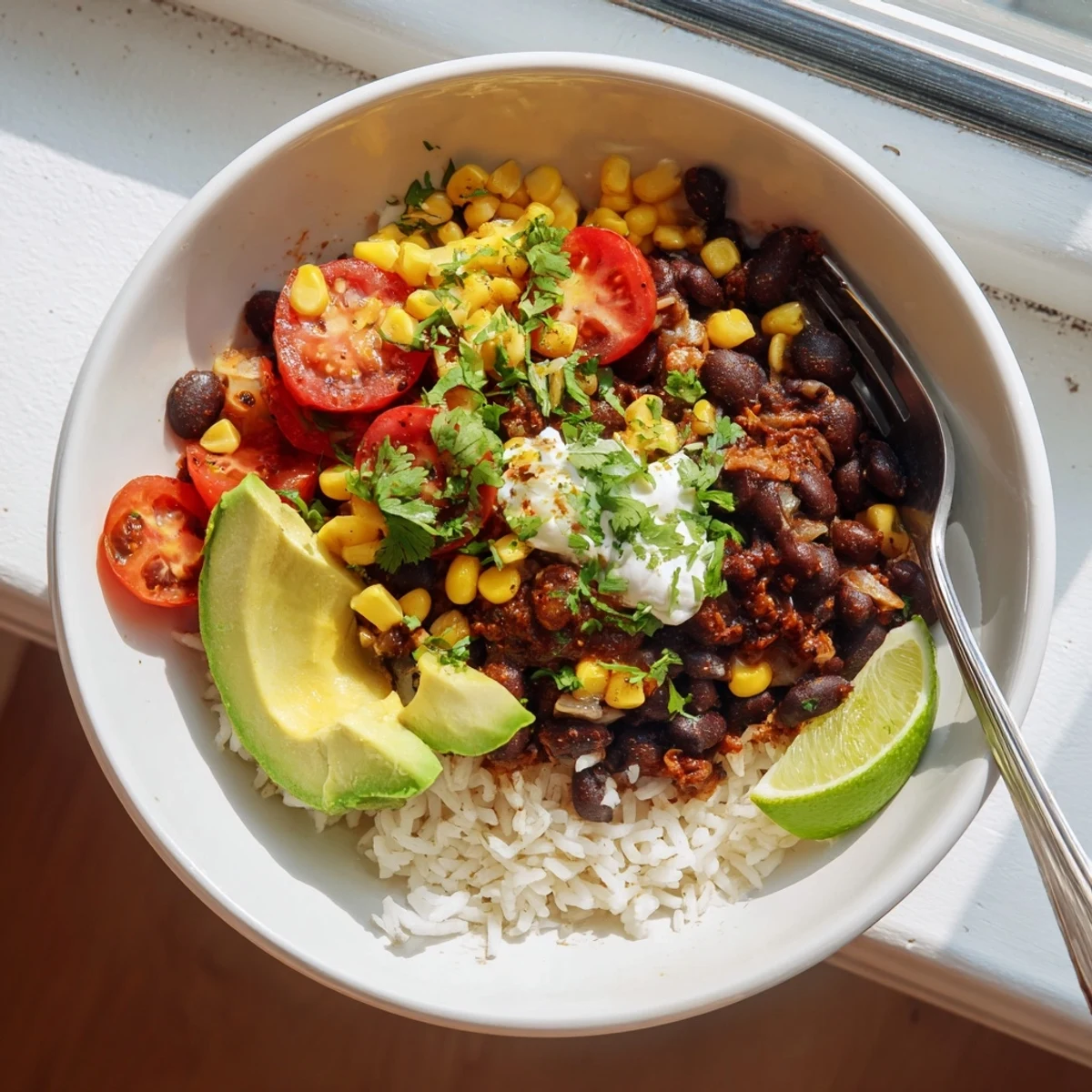 Colorful black bean and rice bowl garnished with cilantro, corn, and tomatoes