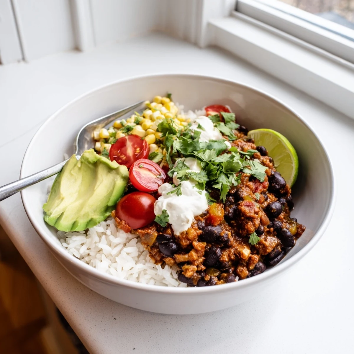 Warm black bean and rice bowl served with queso fresco and creamy yogurt