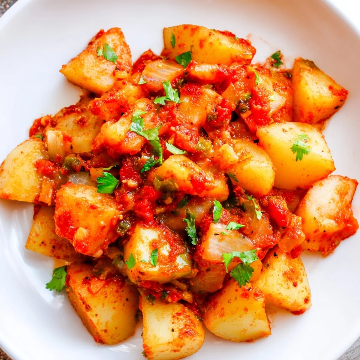 Golden papas con chile topped with fresh cilantro in a cast iron skillet