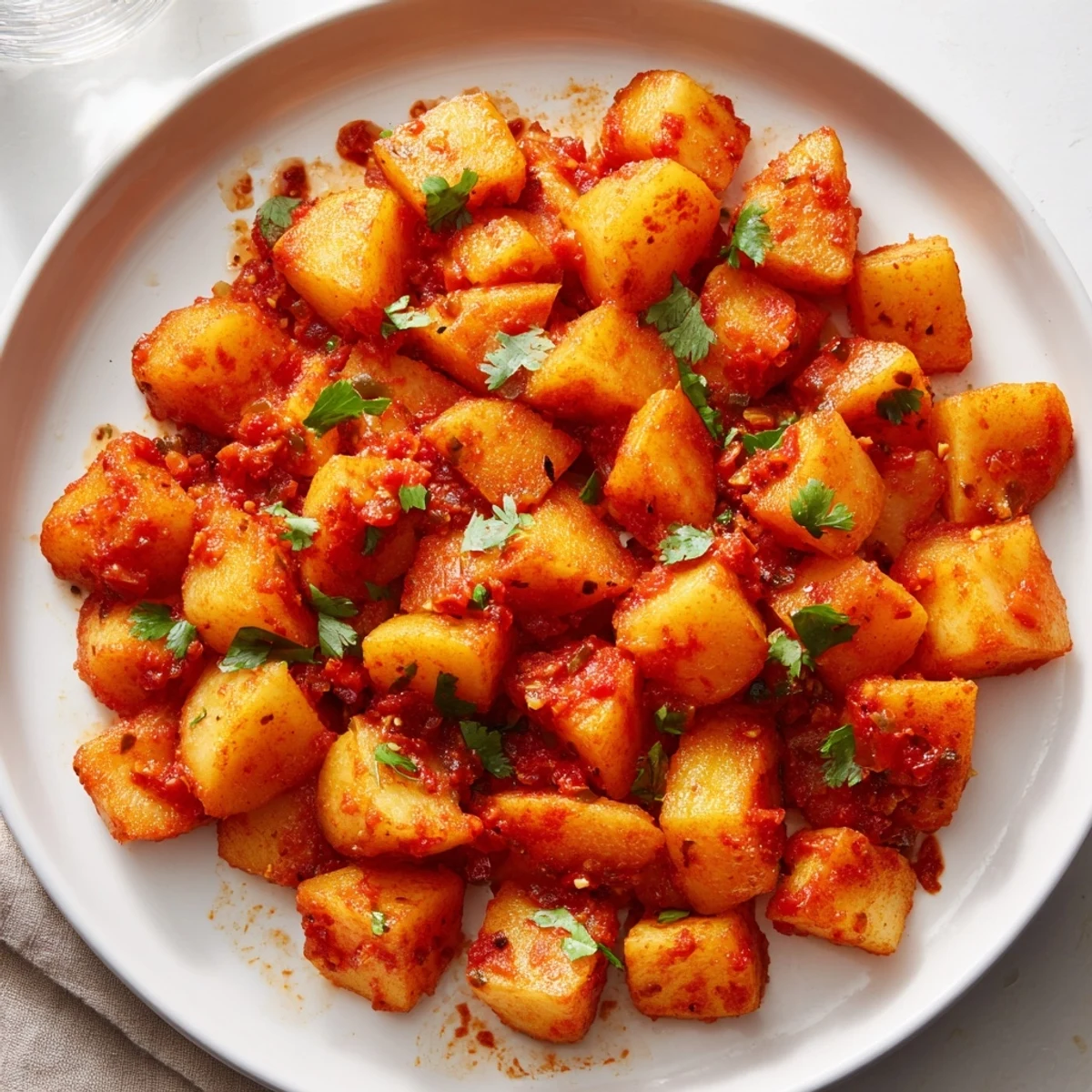 Tender papas con chile smothered in a mildly spicy red chile sauce