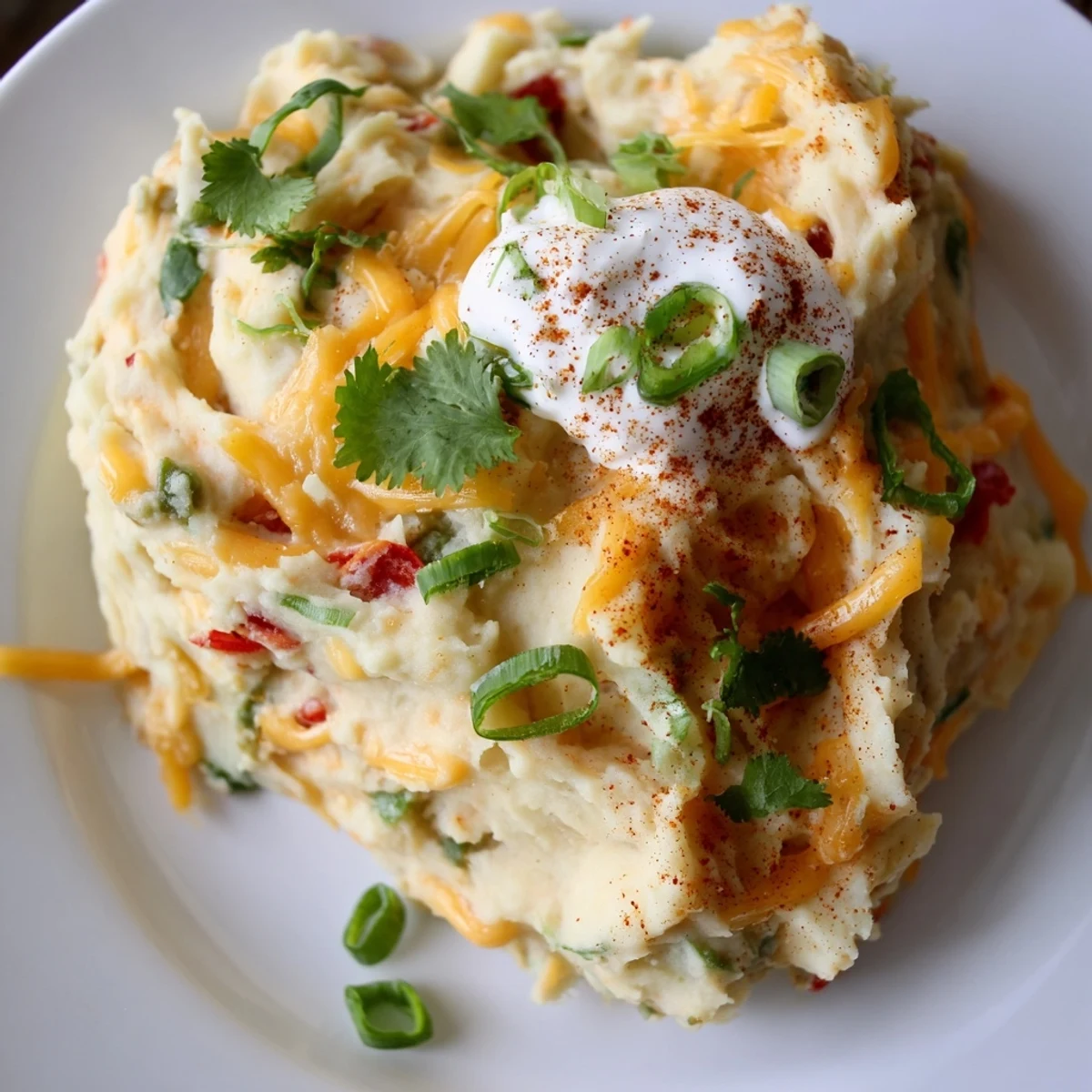 Golden Tex Mex mashed potatoes flecked with red bell pepper and jalapeño