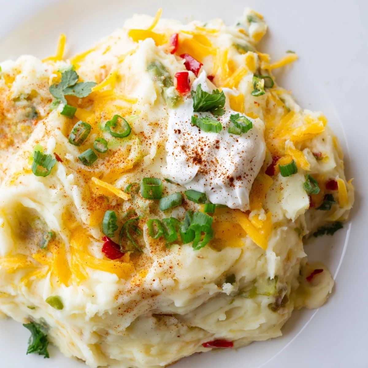 Creamy Tex Mex mashed potatoes topped with melted cheddar and fresh cilantro
