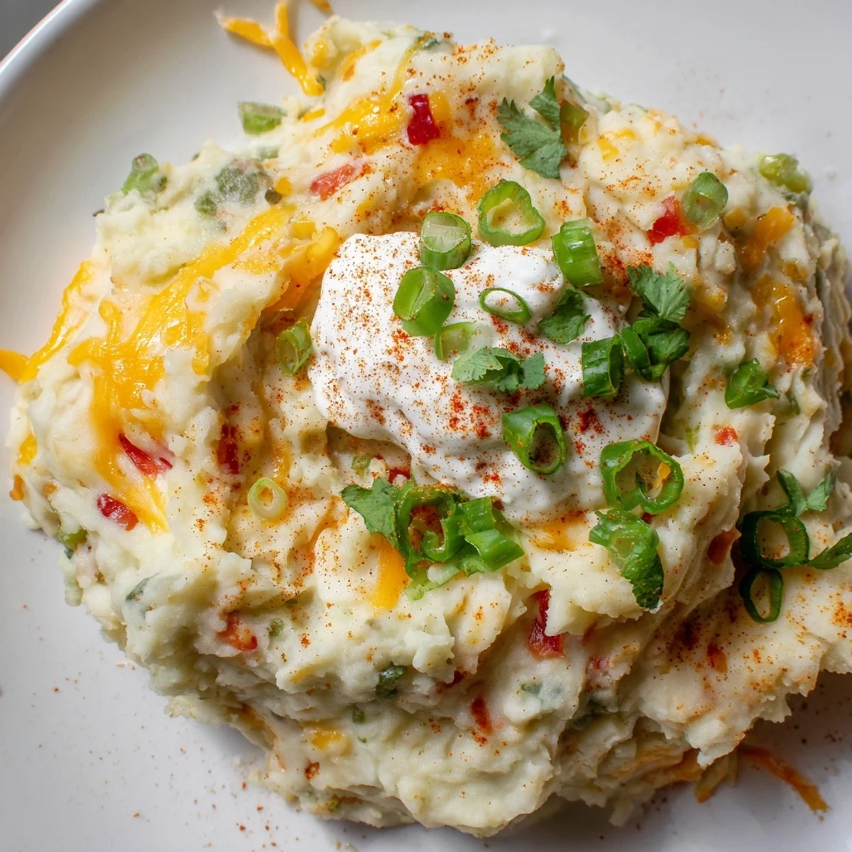 Steaming bowl of Tex Mex mashed potatoes garnished with green onions and sour cream