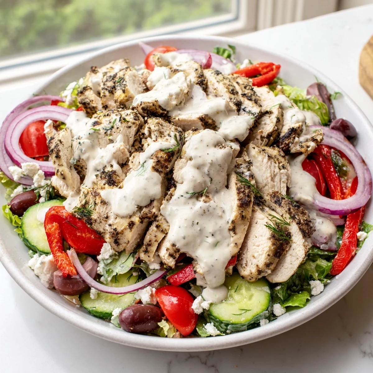 Juicy grilled chicken tops a colorful Greek Chicken Salad With Creamy Whipped Feta Dressing