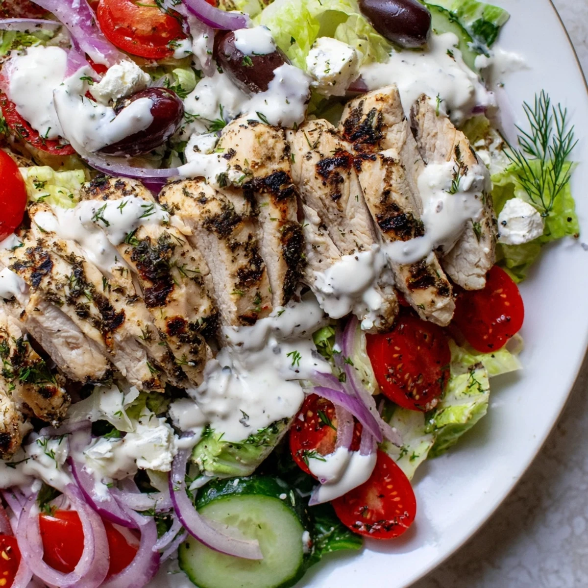 Crisp romaine, ripe tomatoes, and kalamata olives fill this Greek Chicken Salad With Creamy Whipped Feta Dressing platter