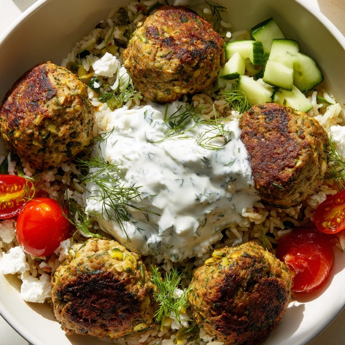Sizzling Mediterranean za'atar turkey meatballs served alongside fluffy rice and cool cucumber salad