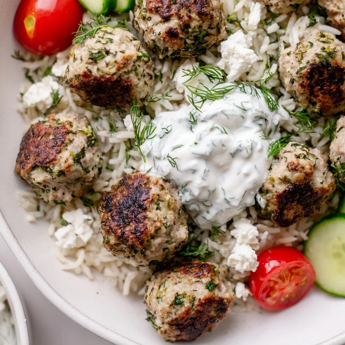 Golden za'atar turkey meatballs nestled over herbed rice with vibrant Mediterranean toppings