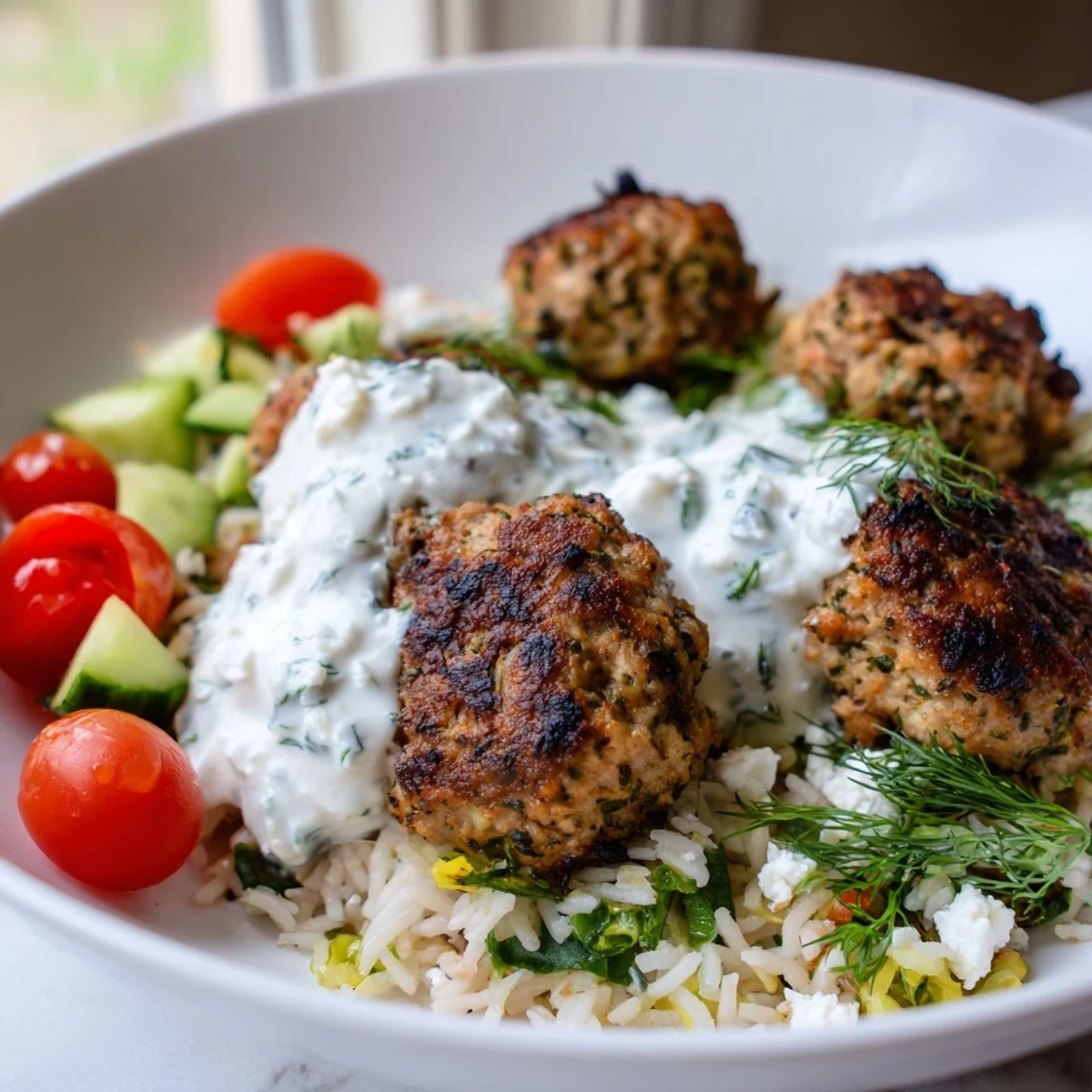 Creamy yogurt sauce drizzled over spiced turkey meatball bowls with crisp fresh vegetables