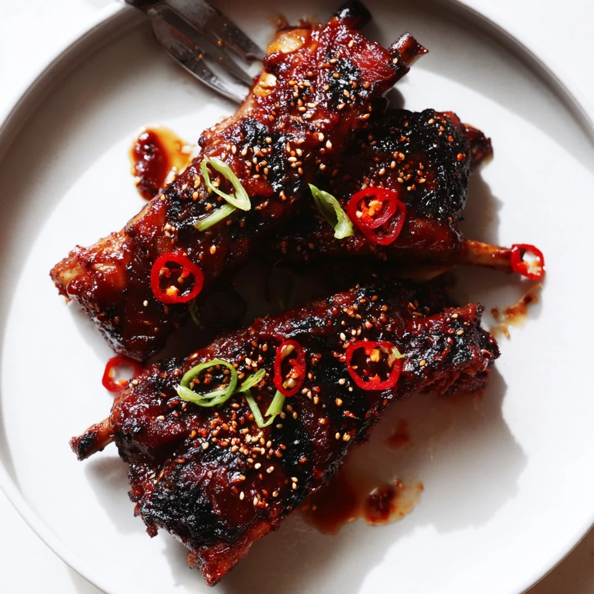 Caramelized Korean BBQ lamb ribs glistening with sticky glaze and bright yuzu