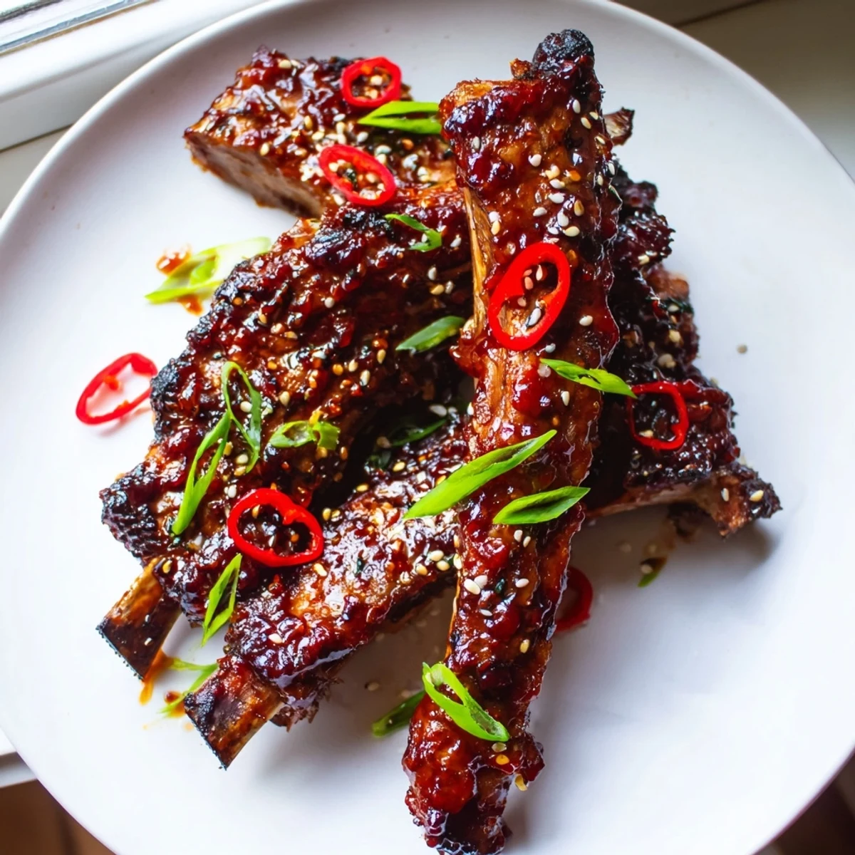 Juicy Korean BBQ lamb ribs topped with scallions and sesame seeds