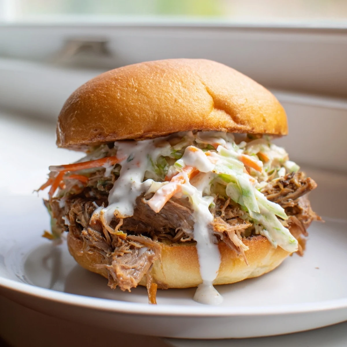 Tangy Alabama white sauce pulled lamb sliders on toasted soft golden buns