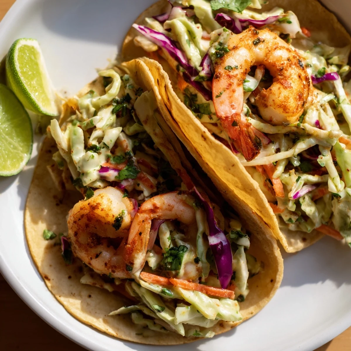 Spicy shrimp tacos piled high with crisp garlic cilantro lime slaw on warm tortillas