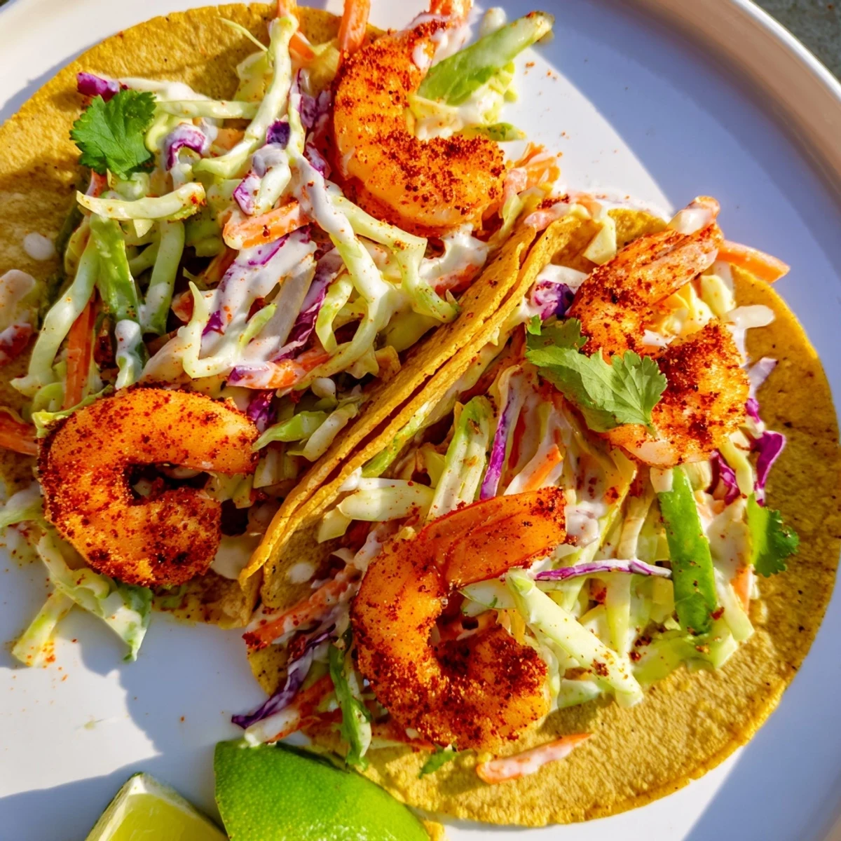 Golden spiced shrimp nestled in soft tortillas under a generous mound of tangy slaw