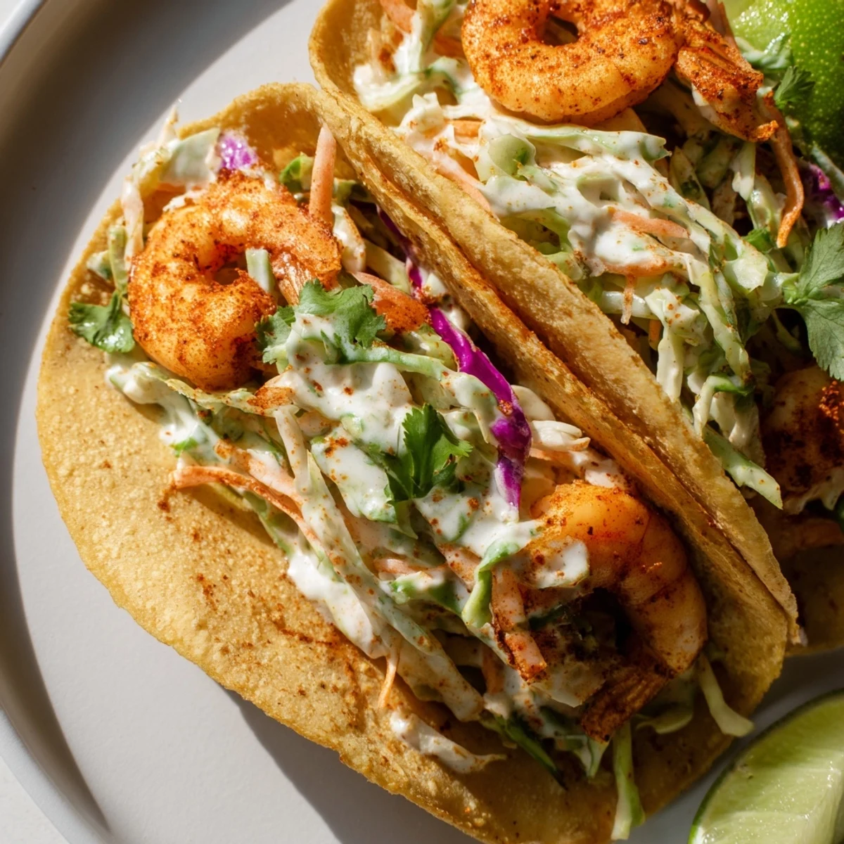 Close-up of spicy shrimp tacos featuring vibrant purple and green cabbage slaw with fresh lime
