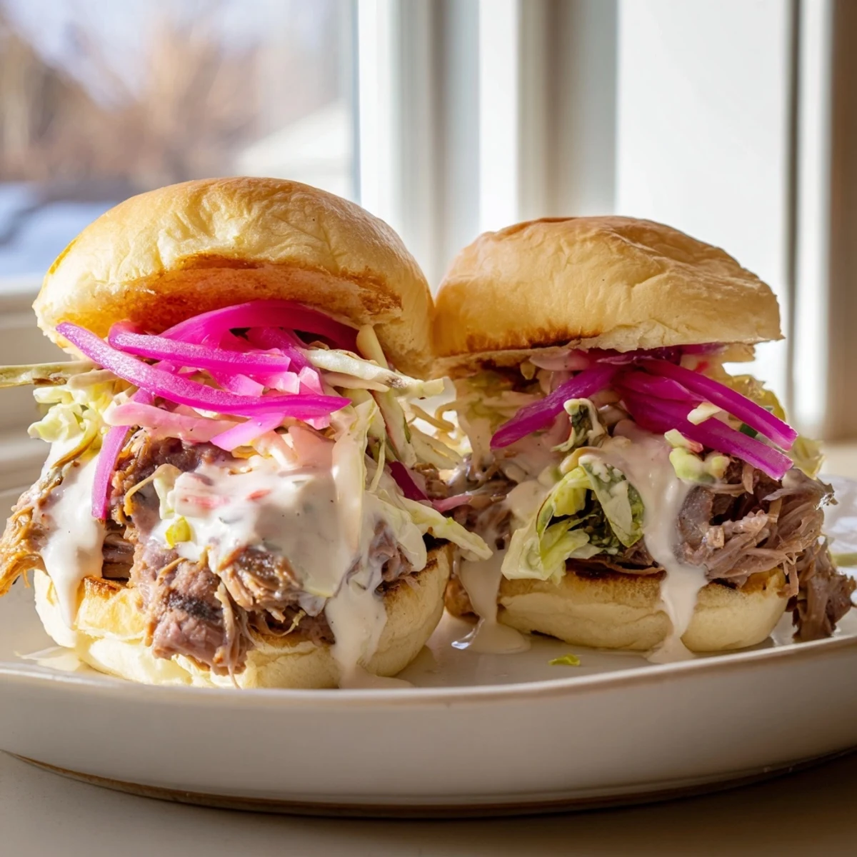 Creamy Alabama White Sauce drips over tender pulled lamb sliders on toasted buns