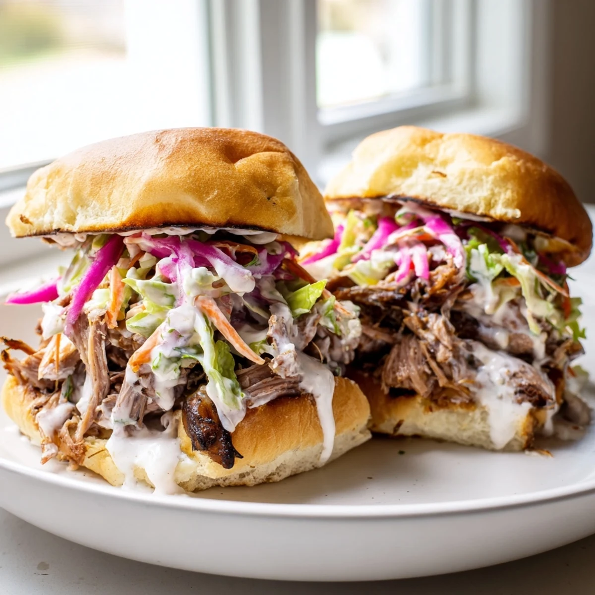 Crisp slaw tops saucy Alabama White Sauce pulled lamb sliders on soft buns