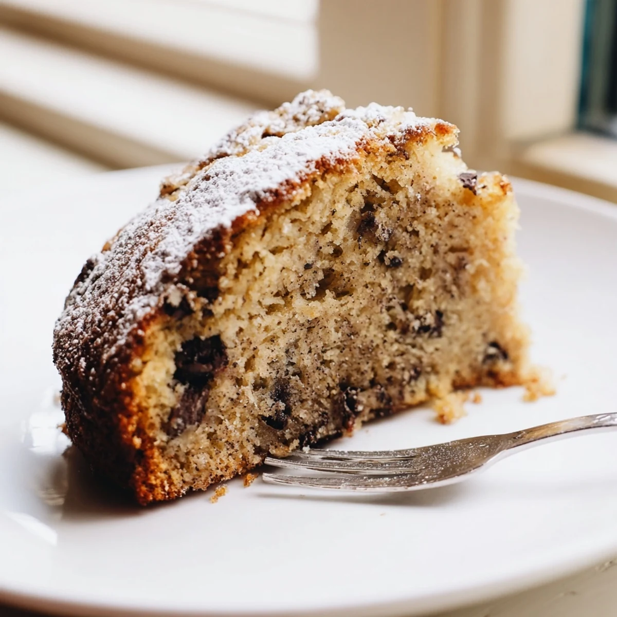 Moist banana cake topped with cream cheese frosting on a rustic plate