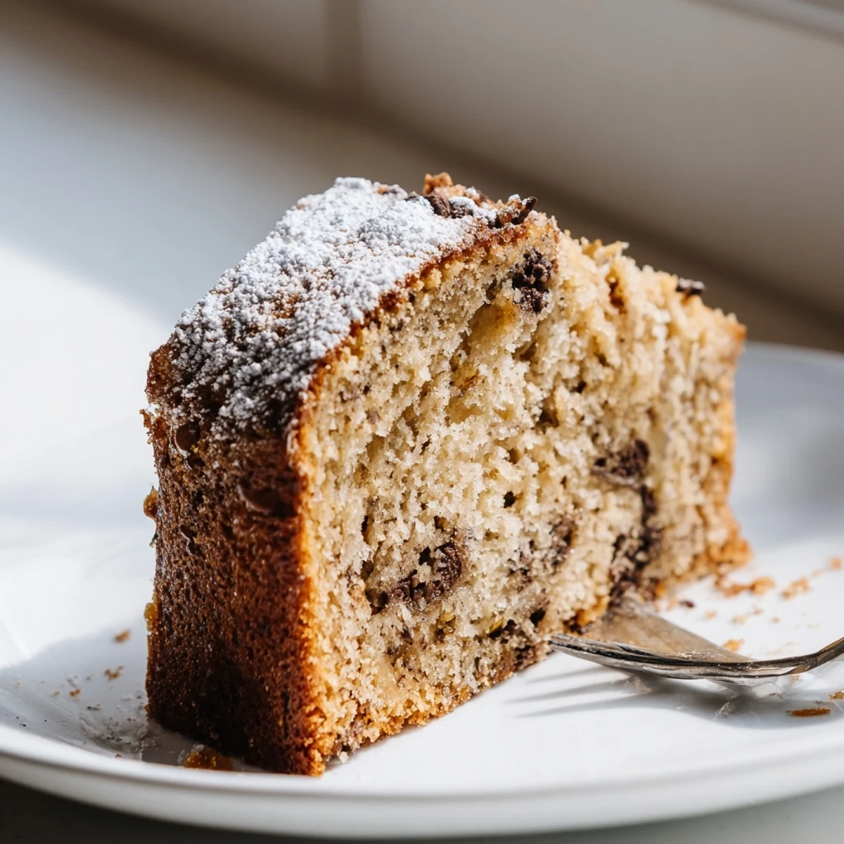 Golden banana cake sliced to reveal a tender crumb dusted with powdered sugar