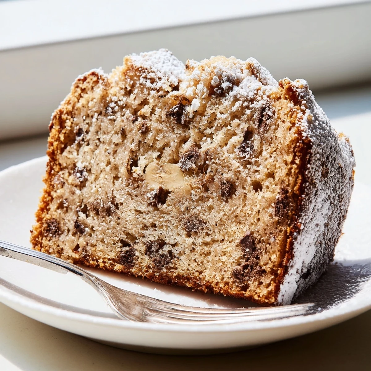 Warm banana cake studded with chocolate chips served alongside a glass of milk
