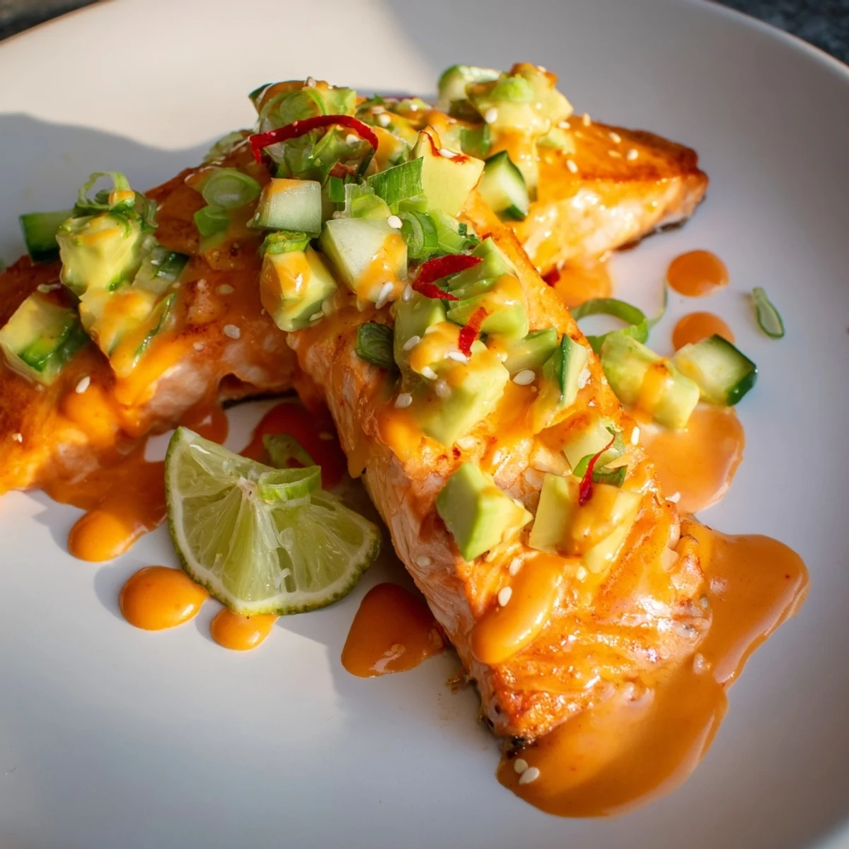 Juicy Bang Bang Salmon topped with creamy chili sauce served over cool avocado cucumber salsa
