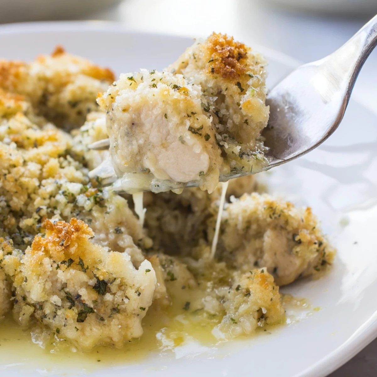 Golden crispy Chicken Kiev Casserole bubbling with creamy garlic herb butter sauce