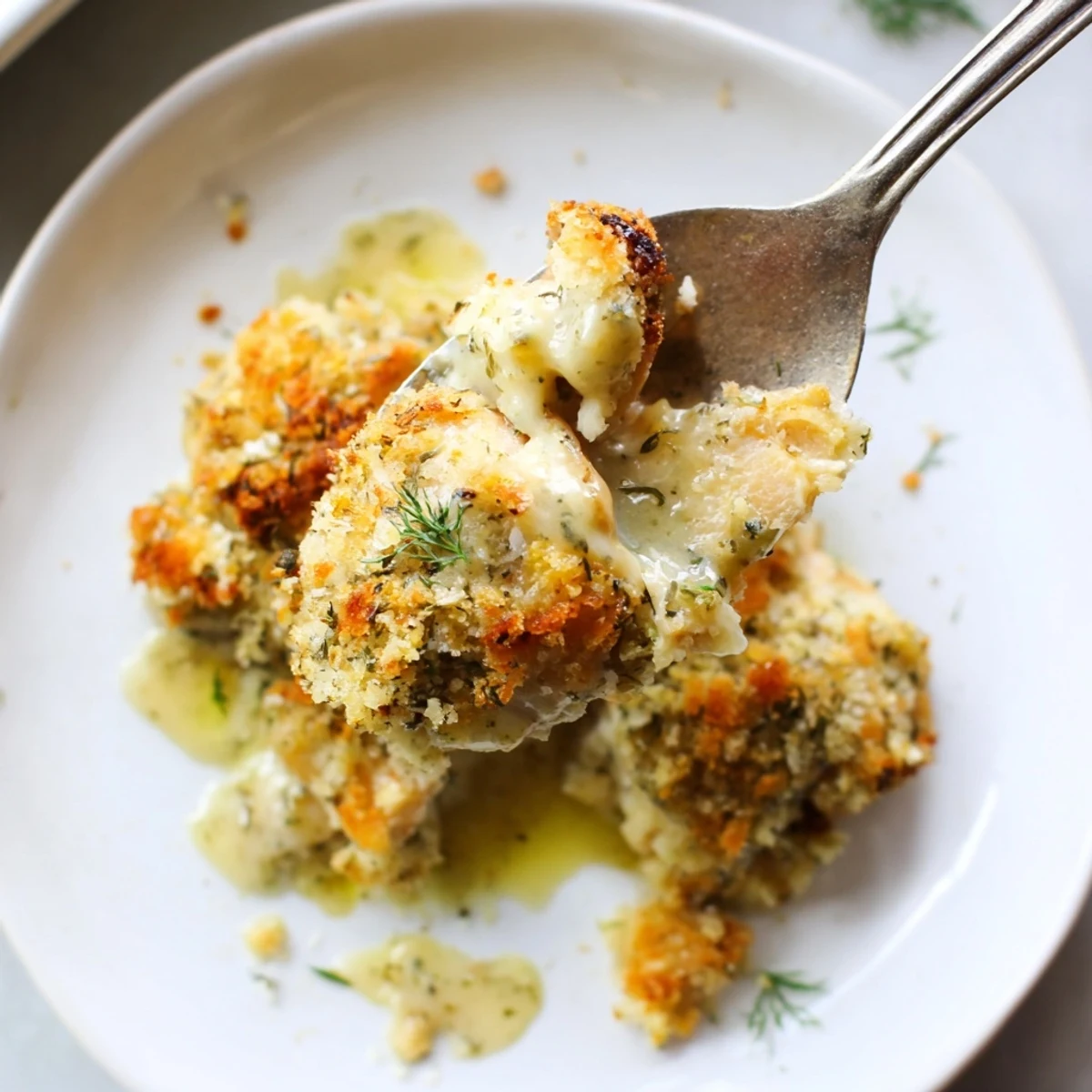 Creamy Chicken Kiev Casserole topped with toasted Parmesan breadcrumbs fresh from oven