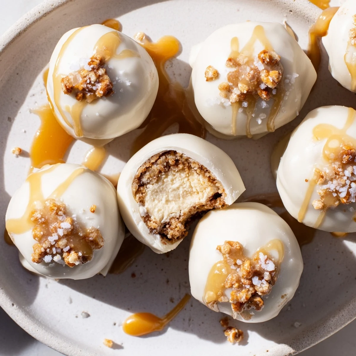 Bite-sized salted caramel pretzel cheesecake balls glistening with white chocolate and sticky caramel drizzle