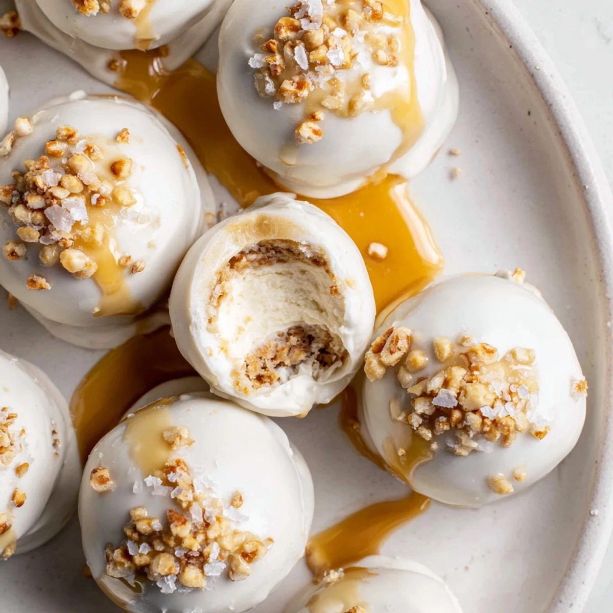Golden-dipped salted caramel pretzel cheesecake balls crowned with crunchy crushed pretzels and flaky salt