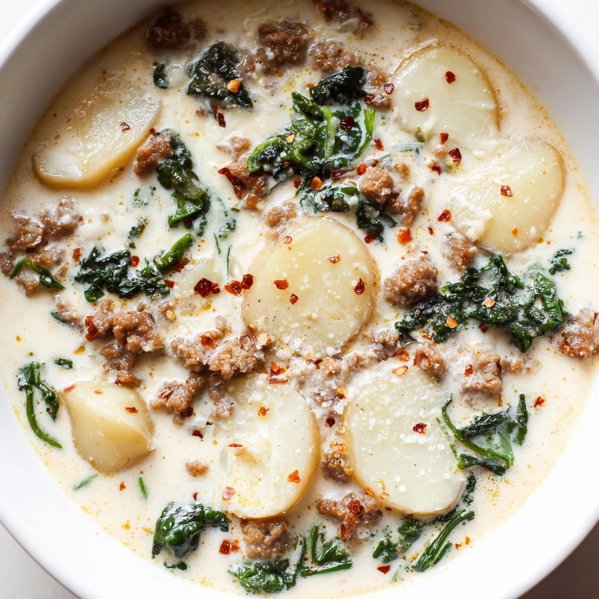 Creamy Zuppa Toscana soup loaded with crumbled sausage, tender potatoes, and wilted kale