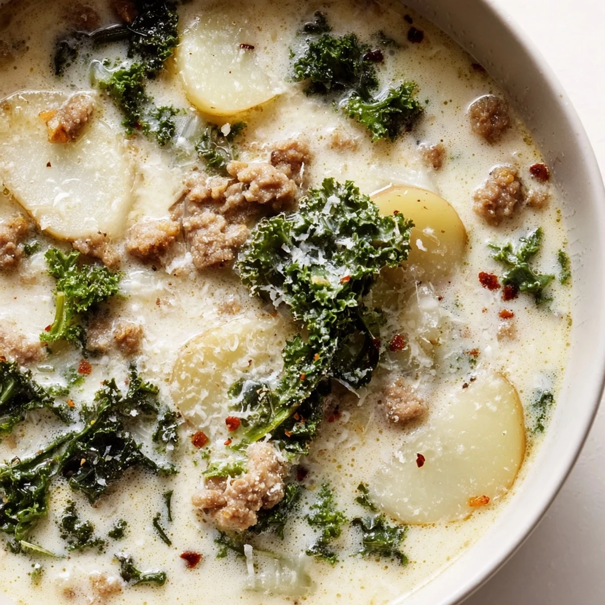 Hearty Zuppa Toscana soup with golden brown sausage, sliced potatoes, and rich creamy broth