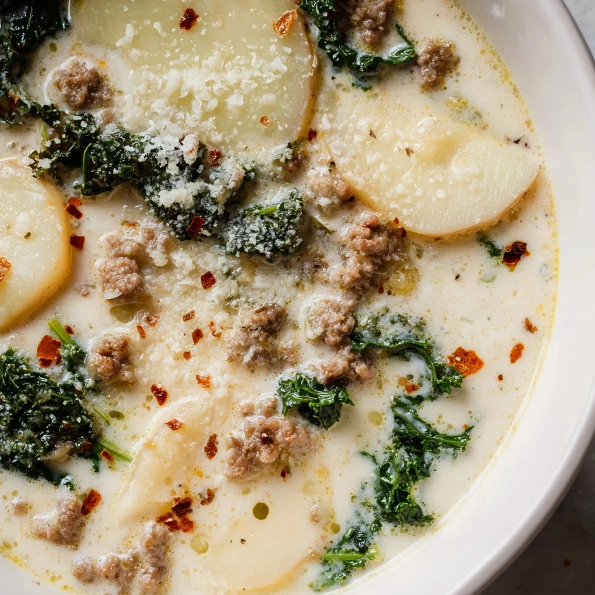 Steaming bowl of Zuppa Toscana soup topped with grated Parmesan and crusty bread