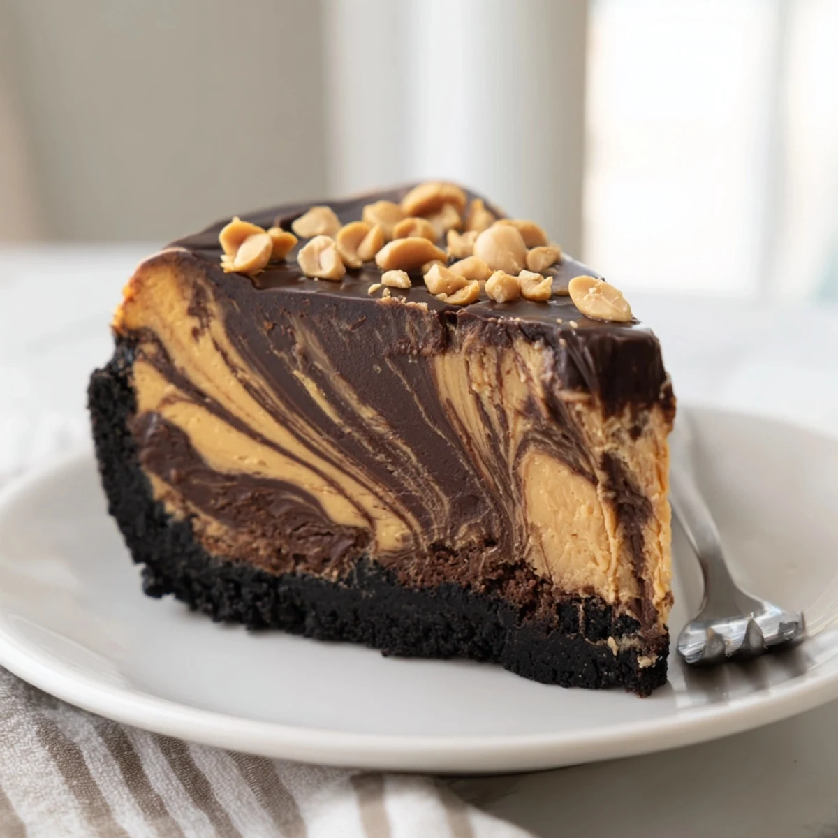 Creamy chocolate peanut butter cheesecake with swirled filling on a cookie crust