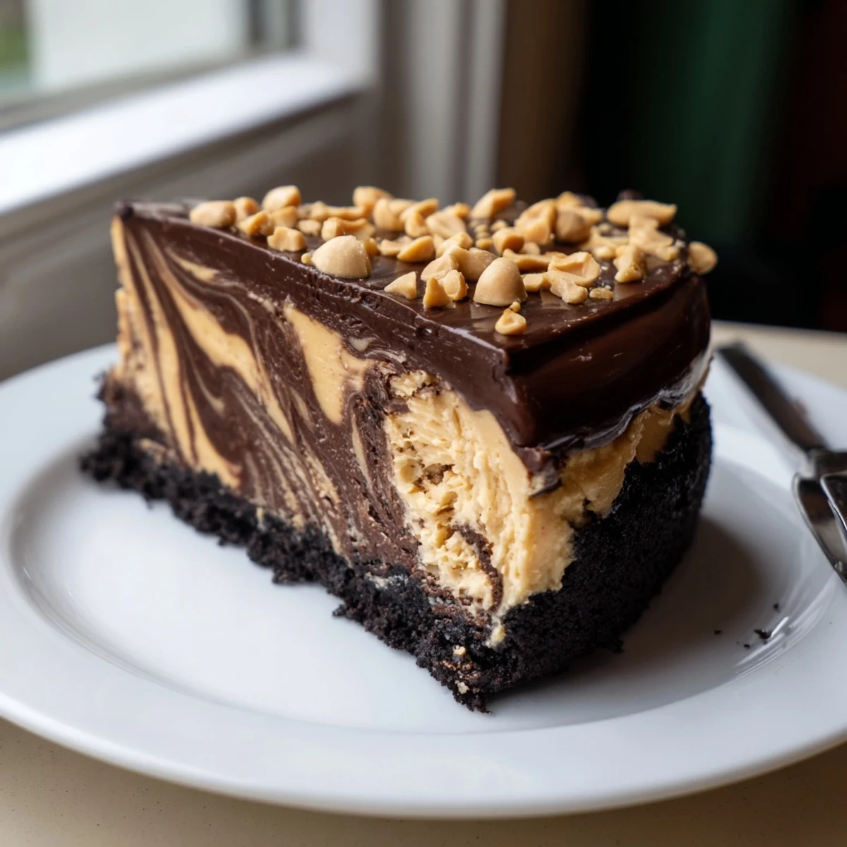 Decadent chocolate peanut butter cheesecake sliced and drizzled with rich ganache