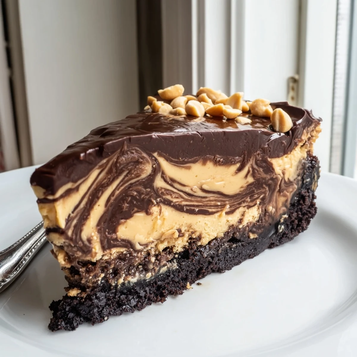 Velvety chocolate peanut butter cheesecake topped with roasted peanuts and glossy glaze
