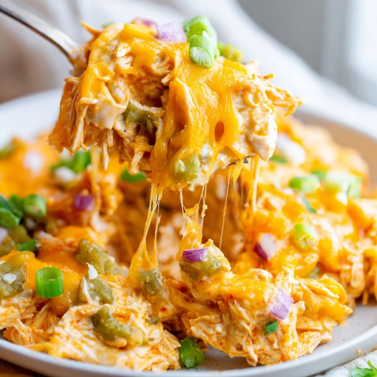 Bubbling Jalapeno Buffalo Chicken Casserole with golden melted cheddar on top