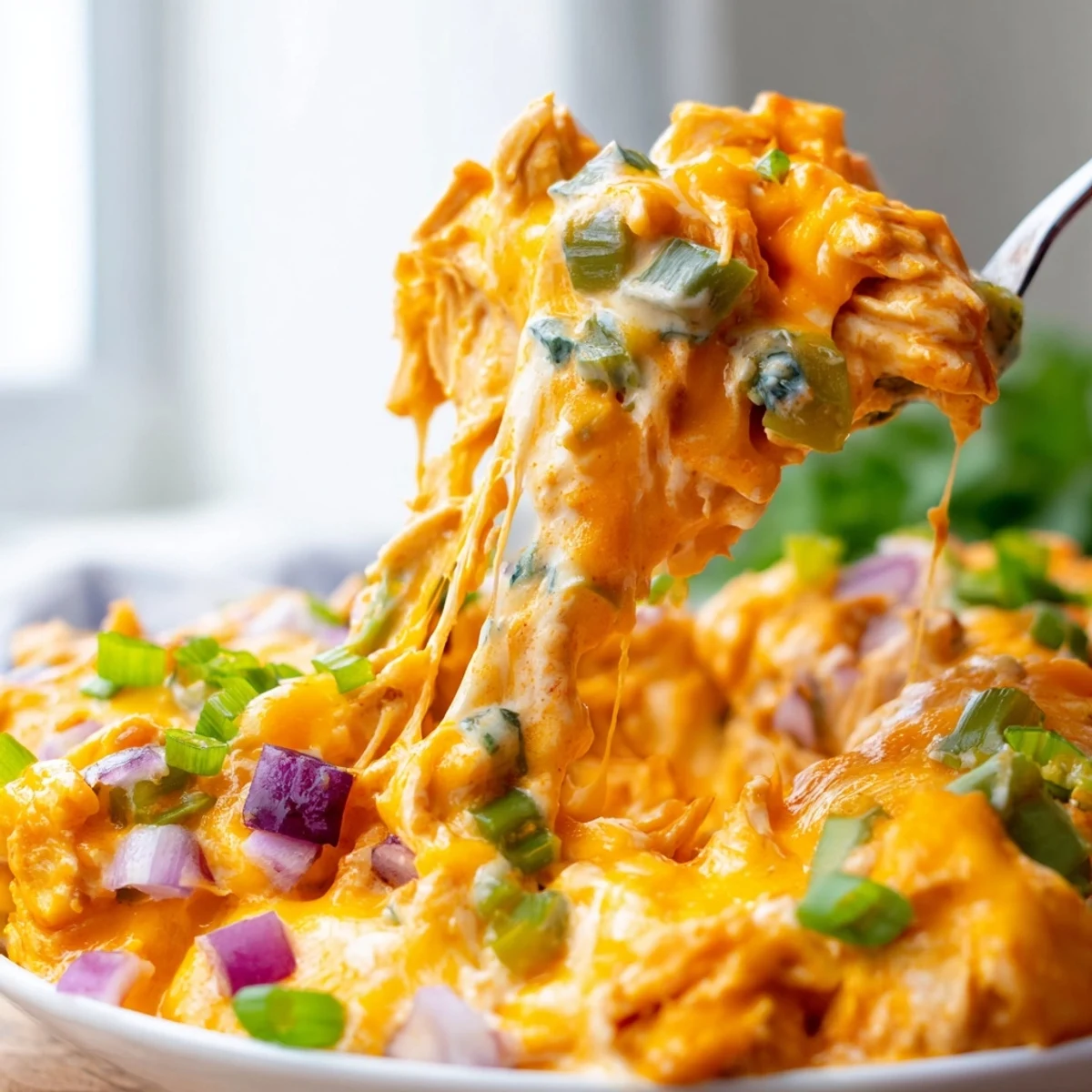 Creamy Jalapeno Buffalo Chicken Casserole scooped steamy from a nine-by-thirteen dish