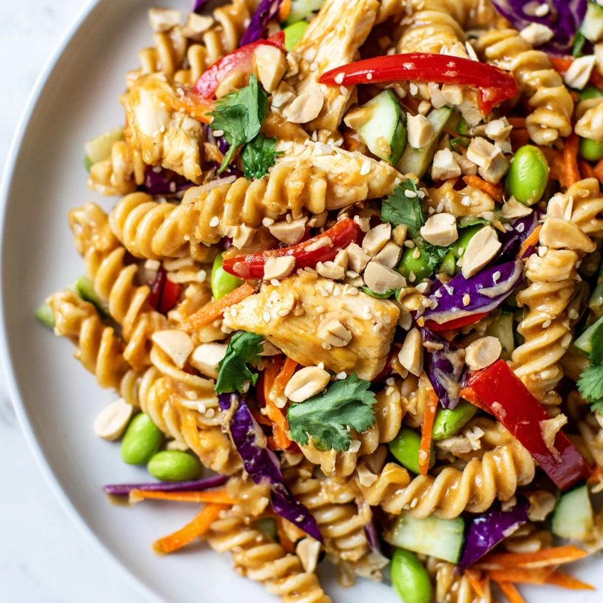 Colorful Protein Packed Thai Pasta Salad with grilled chicken and peanut dressing in a bowl