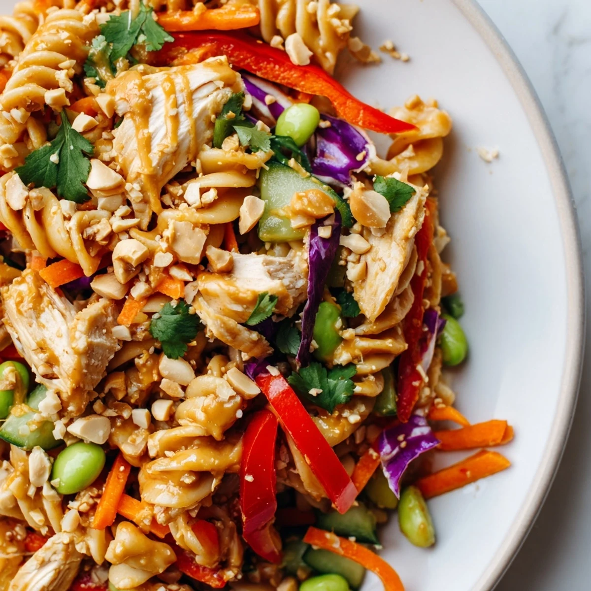 Protein Packed Thai Pasta Salad topped with crushed peanuts sesame seeds and fresh cilantro