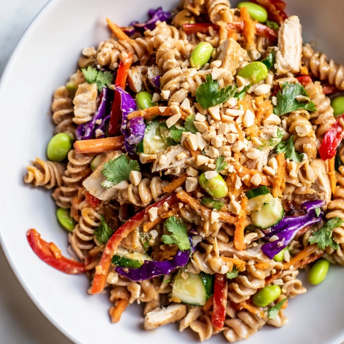 A vibrant bowl of Protein Packed Thai Pasta Salad featuring crisp vegetables and tender chicken