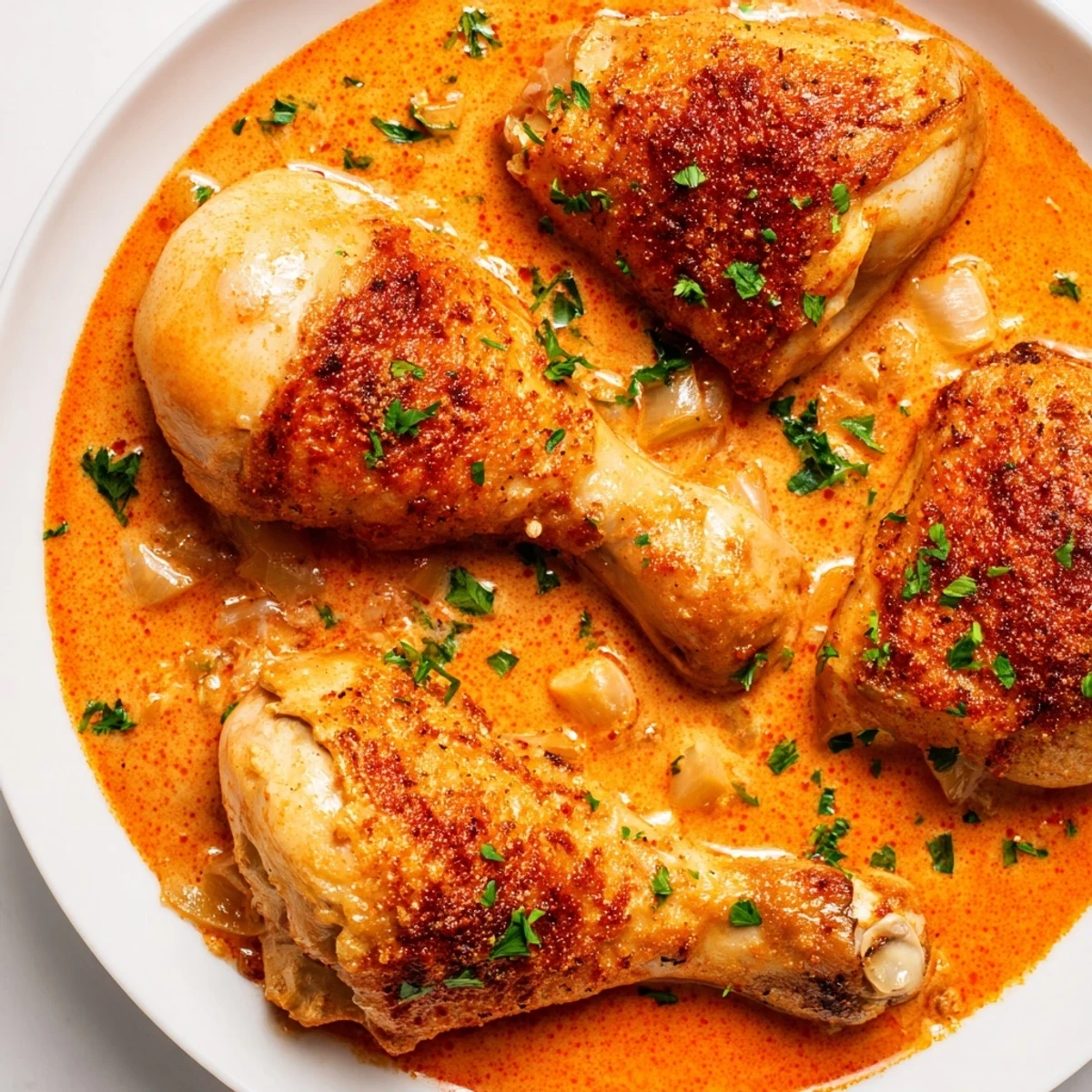Juicy creamy paprika chicken drumsticks nestled in a thick, smoky cream sauce.