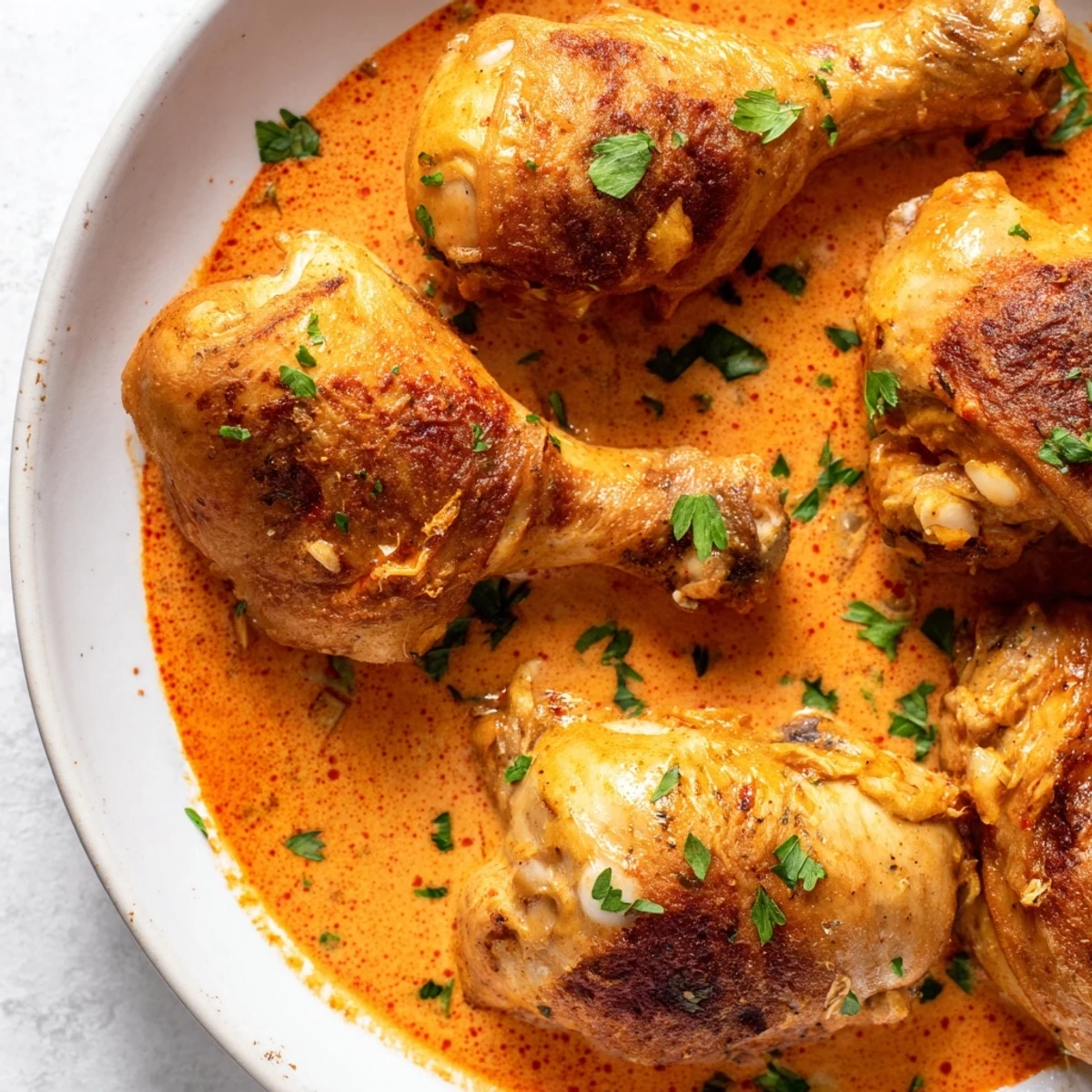 Golden seared creamy paprika chicken drumsticks in a rich, velvety red pepper sauce.