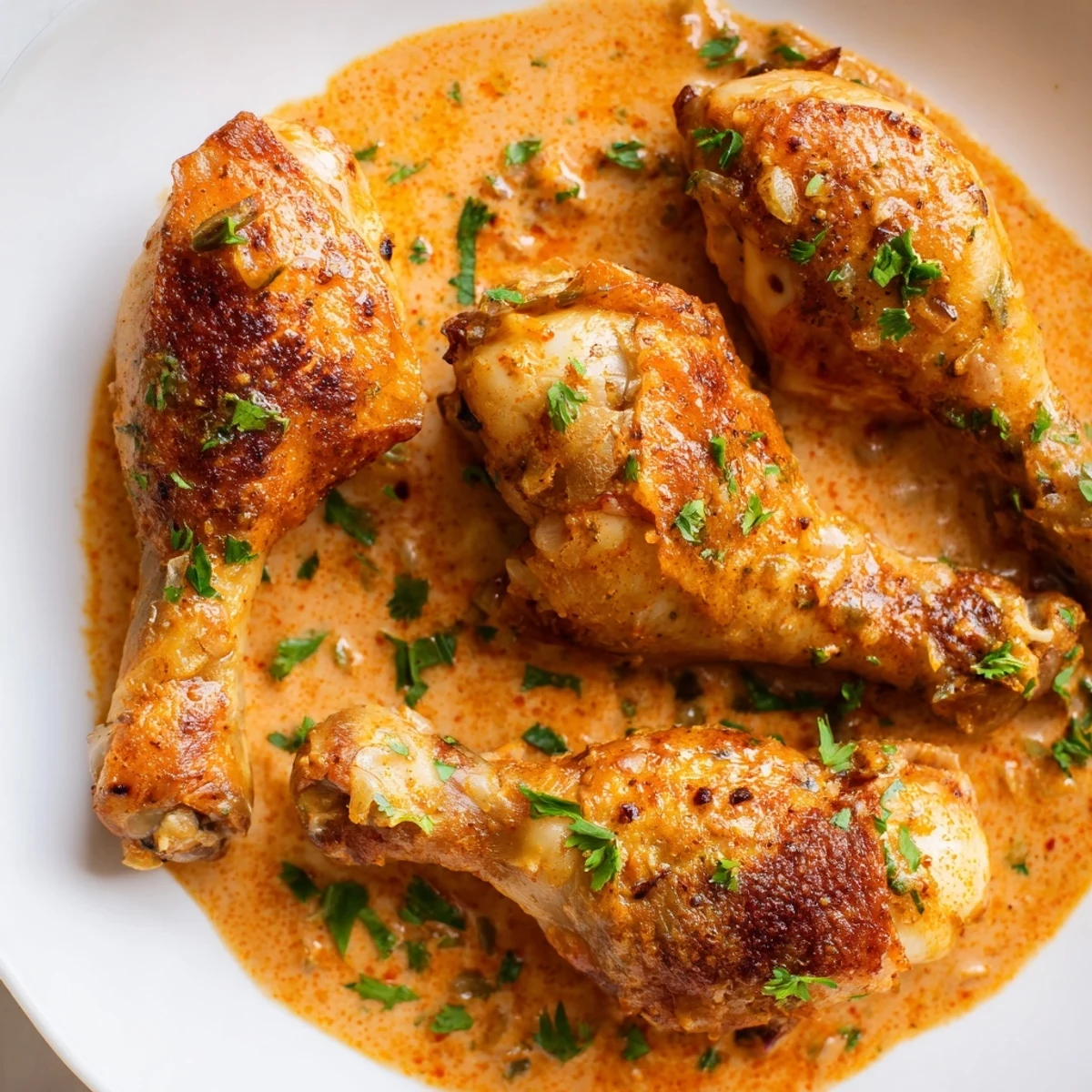 Tender creamy paprika chicken drumsticks garnished with fresh parsley in a comforting skillet dinner.