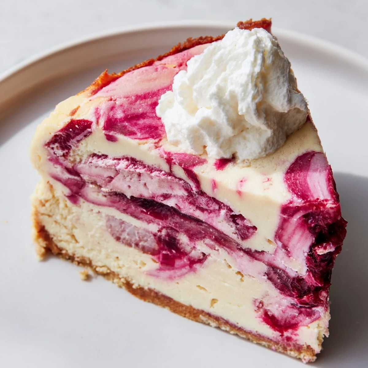 Creamy keto rhubarb cheesecake sliced to reveal a tangy pink marbled filling on a golden almond crust