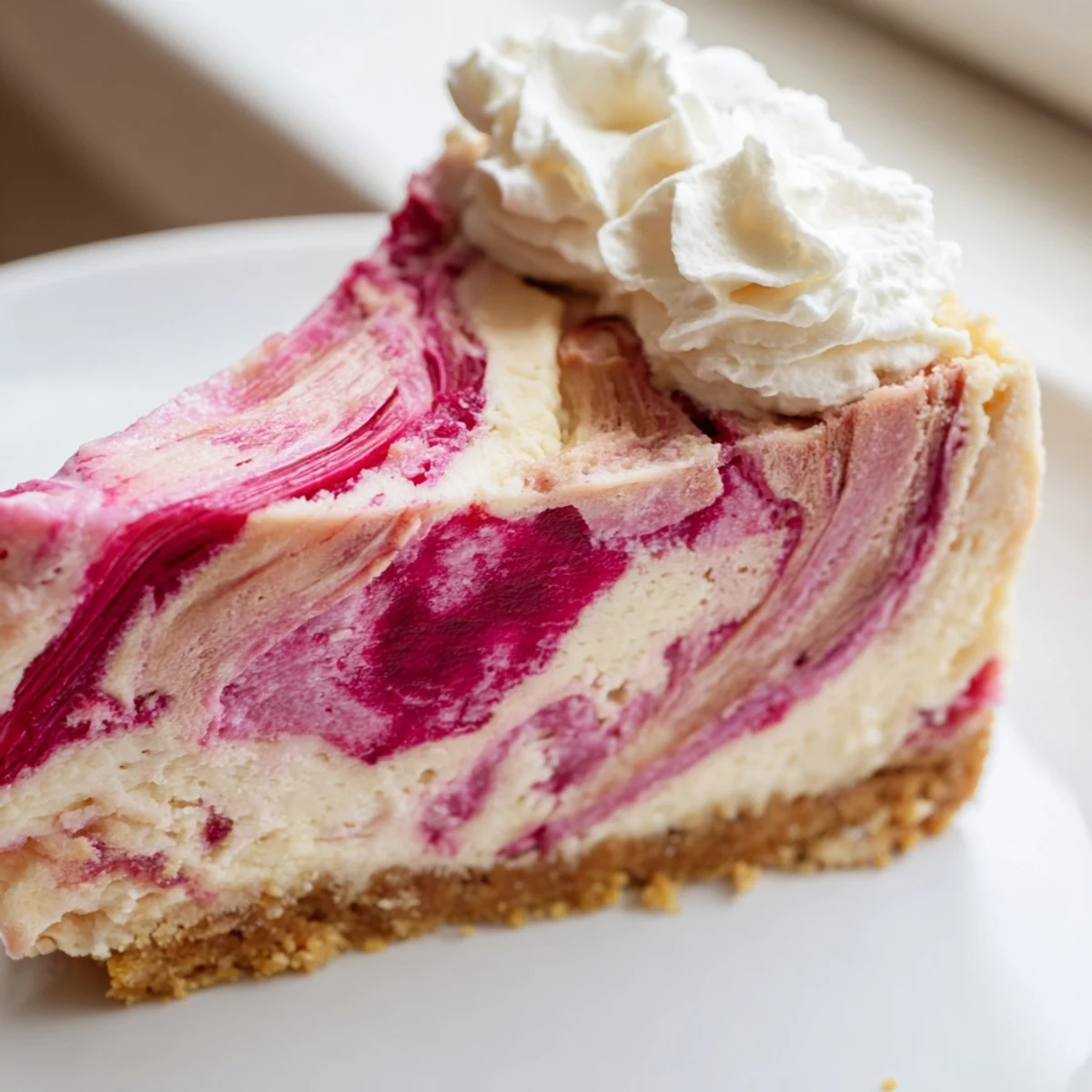 Tangy rhubarb swirl ribbons through silky smooth keto cheesecake topped with a dollop of fresh whipped cream
