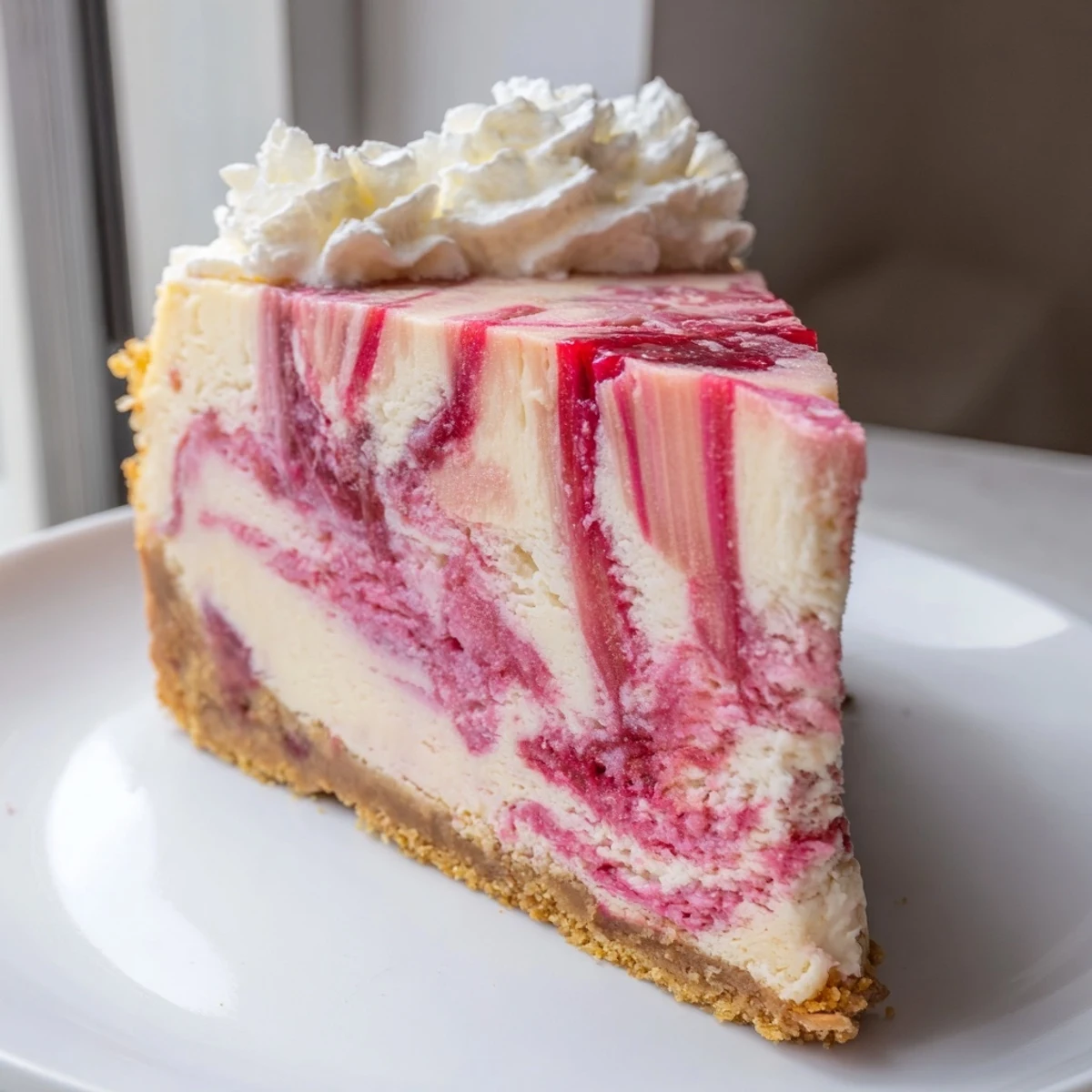 Warm keto rhubarb cheesecake fresh from the oven showing a perfectly cracked rustic top with vibrant pink compote swirls